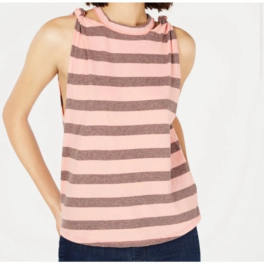 Free People The Twist Striped‎ Tank Top Size L Pink & Gray Sleeveless Boho